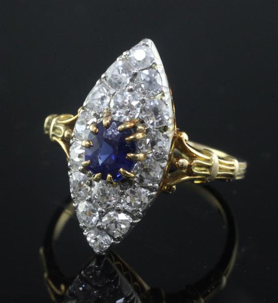 A gold, sapphire and diamond marquise shaped dress ring, size P/Q.
